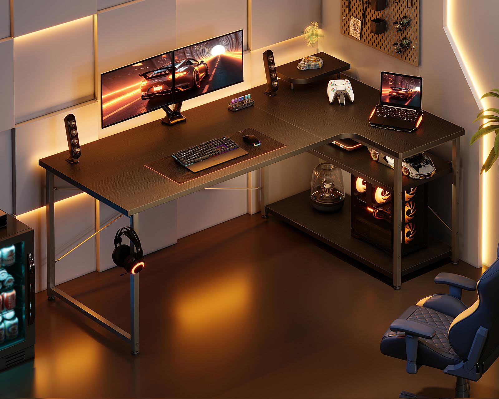 L字型 勉強机 子 pcデスク 組立簡単 在宅勤務 棚付き desk デスク ブラック 机 幅130 パソコンデスク 右棚 l字 ゲーミングデスク ODK MARWIL-DEMENAGEMENTS_CH