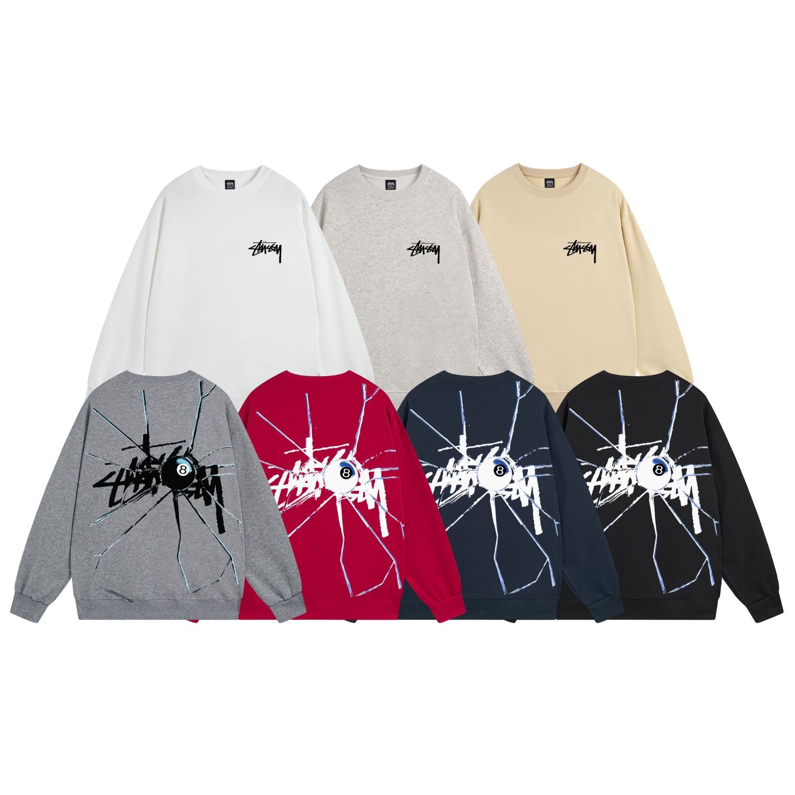 STUSSY SS23 破損した8号球プリントクルーネックスウェットシャツ 男女兼用