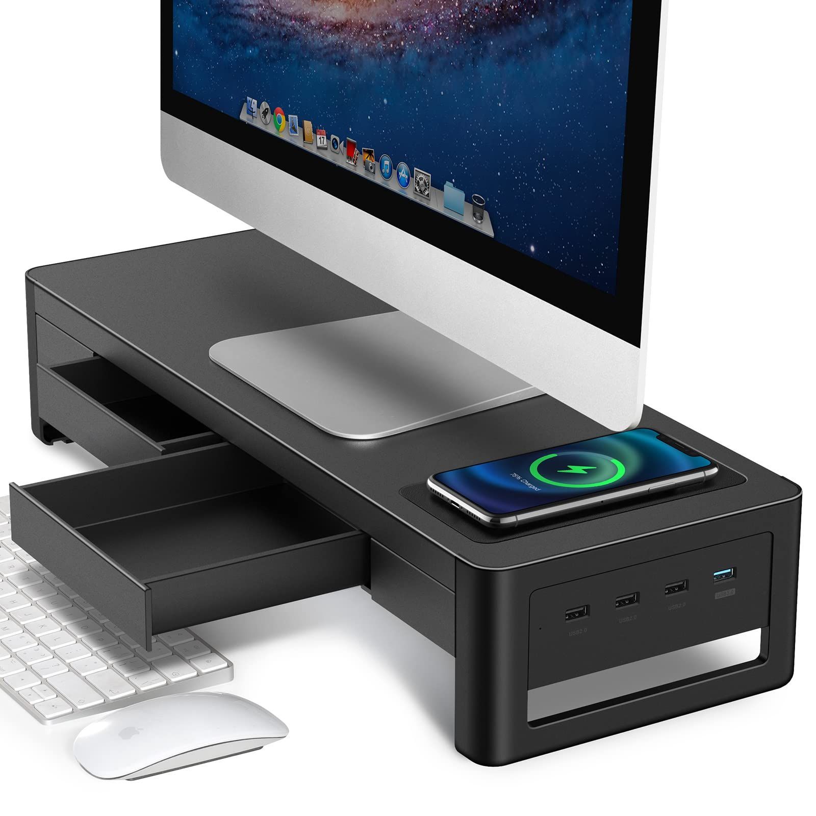 Meatanty 引き出し モニター台 pc モニタースタンド パソコン台 ディスプレイ台 USB 3.0|2.0 データ転送 机上台 スチール製 充電バージョン 幅54cm