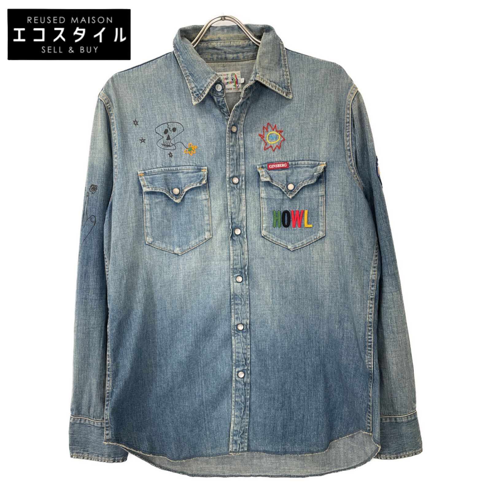 HYSTERIC GLAMOUR ヒステリックグラマー 02171AH13 ﾌﾞﾙｰ ×GINSBERG ﾜｯﾍﾟﾝ ｳｴｽﾀﾝ ﾃﾞﾆﾑｼｬﾂ L