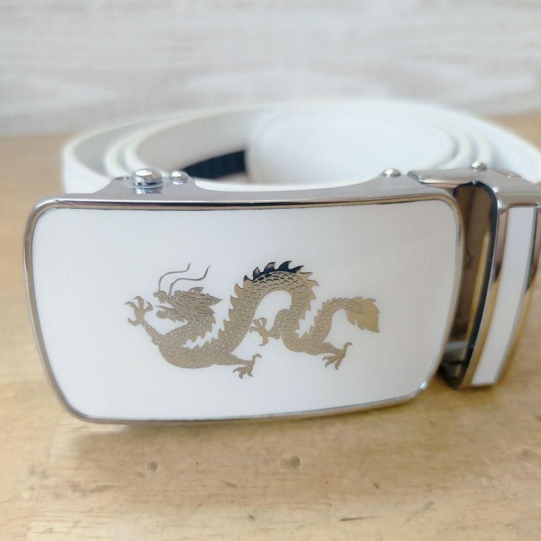 ベルト メンズ PUレザー 調整自在 カジュアル ホワイト 白 竜 龍
