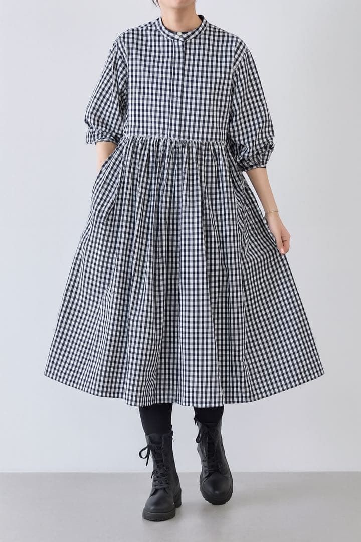 BEARDSLEY ビアズリー 先染め ギンガムチェック ギャザーワンピース ロング 白 黒