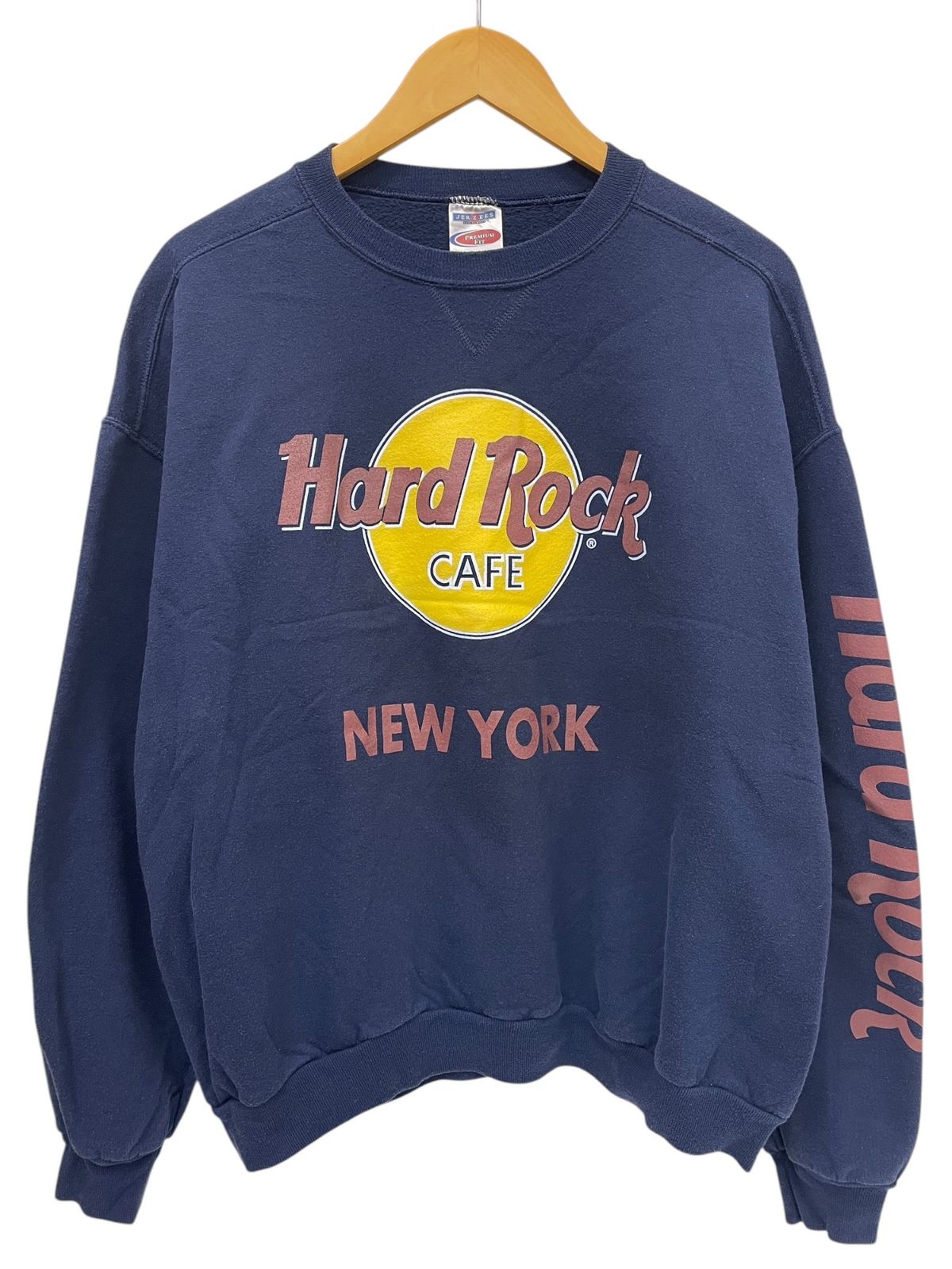 HARD ROCK CAFE (ハードロックカフェ) JERZEESボディ 古着 後プリ スエット トレーナー 袖プリント XL ネイビー メンズ/045