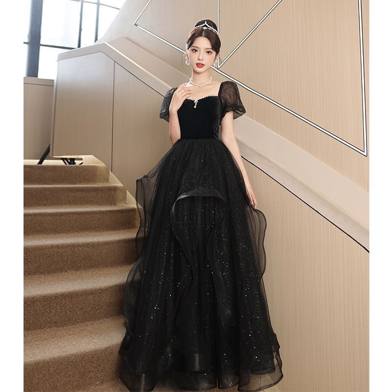 パーティードレス ロング 袖あり ロングドレス 黒 結婚式 お呼ばれ ドレス 演奏会 袖付き 花嫁ドレス フォーマルワンピース Aライン ボリューム袖 卒業式 入学式 シンプル 20代 30代 40代