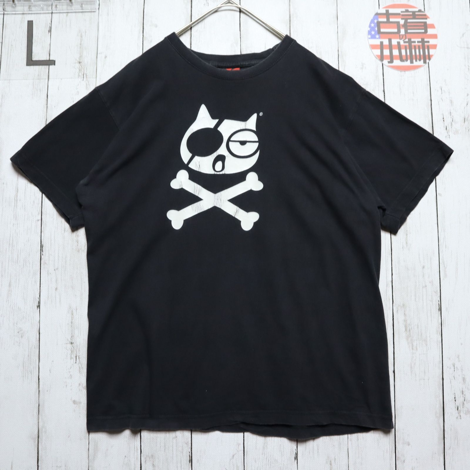 メンズL 【A品】 90s 00s アニマルTシャツ  Neko Wear バック両面プリント 猫 海賊 無地 ブラック 黒 厚手 春夏 / 半袖 ヴィンテージ バンド アニメ ムービー ゲーム パロディUSA古着 M1b848