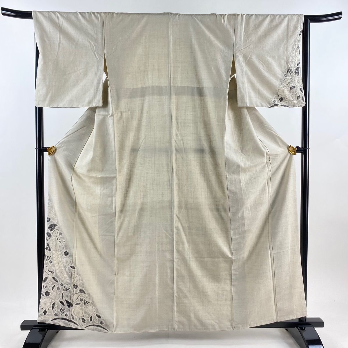 付下げ 身丈160cm 裄丈65cm M 袷 紬地 草花 絞り 灰白 正絹 名品