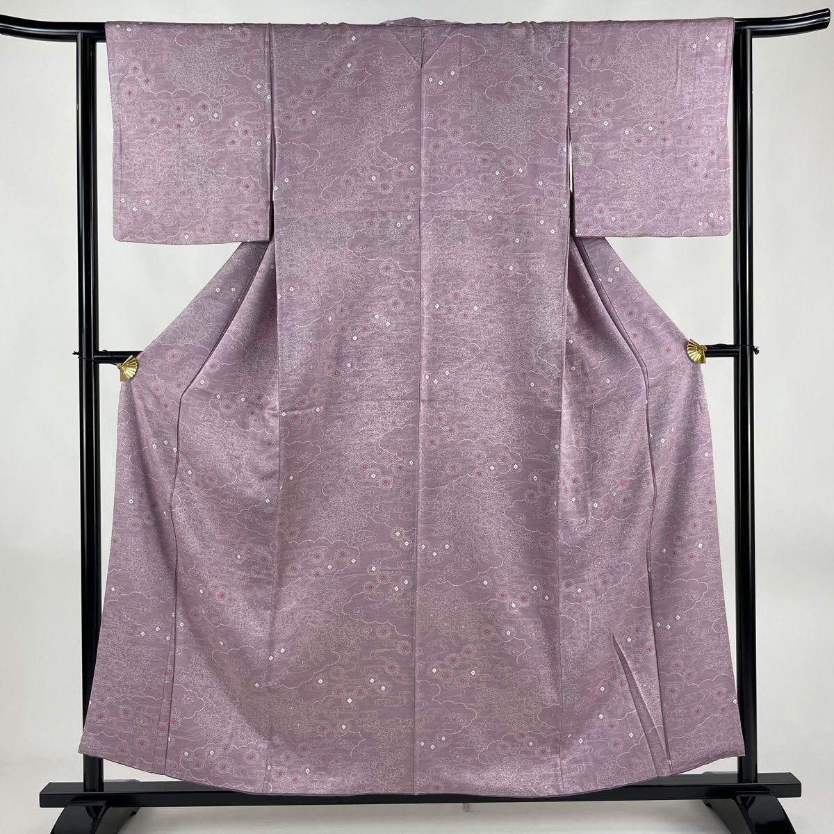 小紋 身丈156cm 裄丈62cm S 袷 草花 雲文 薄紫 正絹 優品 【中古 