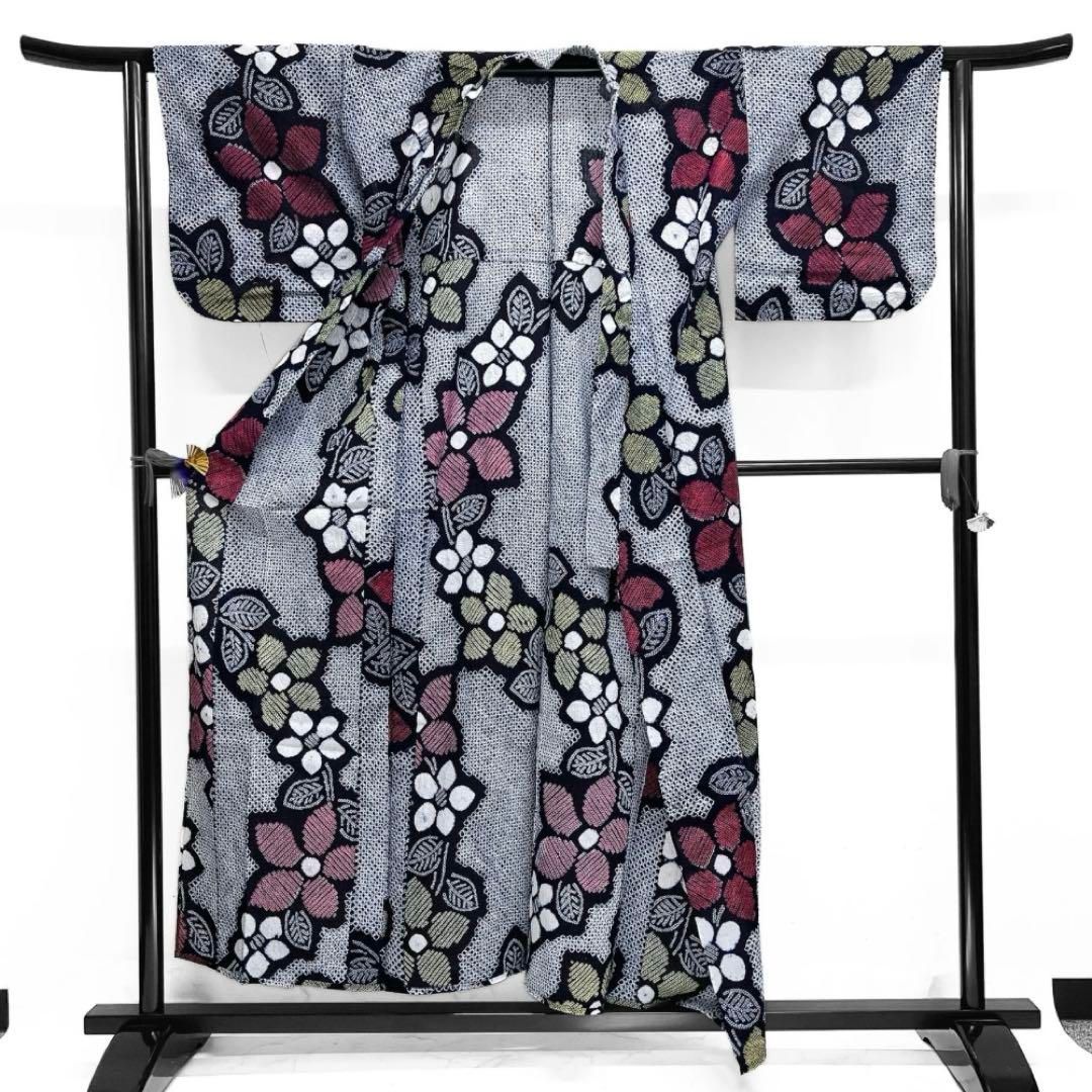 浴衣 有松鳴海絞り 花模様 杉綾紋 ギザギザ ネイビー 着物 034a d