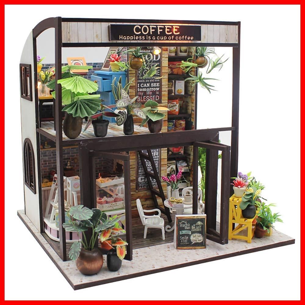 【人気商品】植物たくさんのコーヒー屋さん | セット 喫茶店 カフェ 手作りキット 珈琲 ミニチュア 二階建て モダン ドールハウス | 中型 moin | LEDライト moin 2004DH152