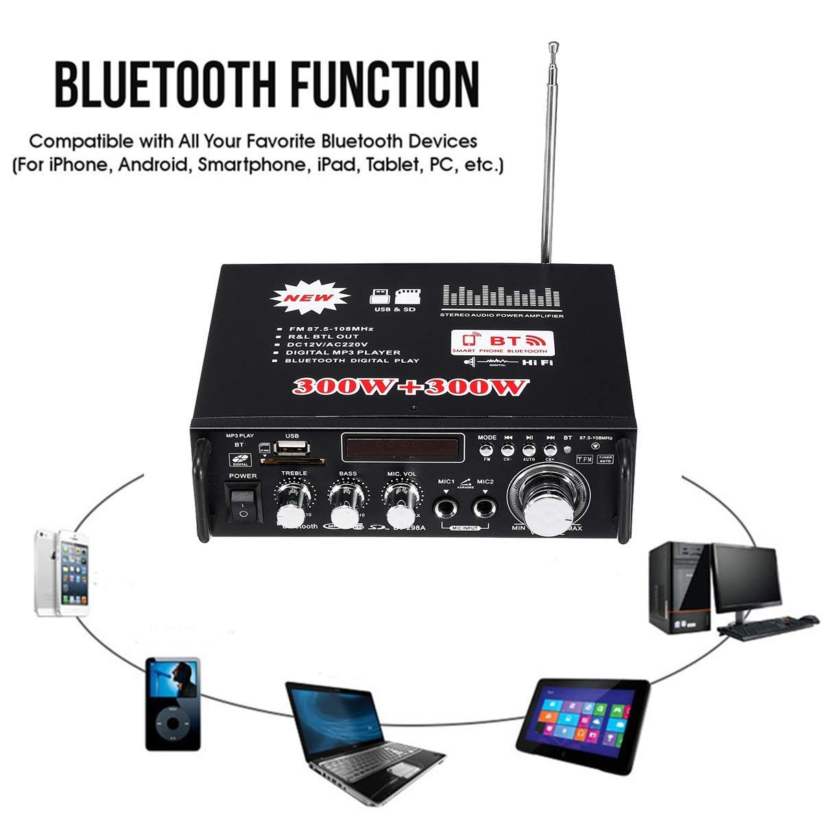 オーディオアンプ コンパクト高出力 USB SDカード Bluetooth対応 - アンプ