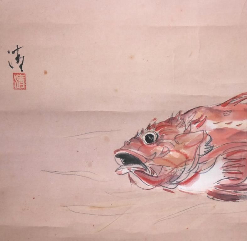 通販安い水谷清『赤魚淡彩』◆日本画◆落款・共箱有◆実力作家！春陽会！年代作！師：小杉放庵 花鳥、鳥獣