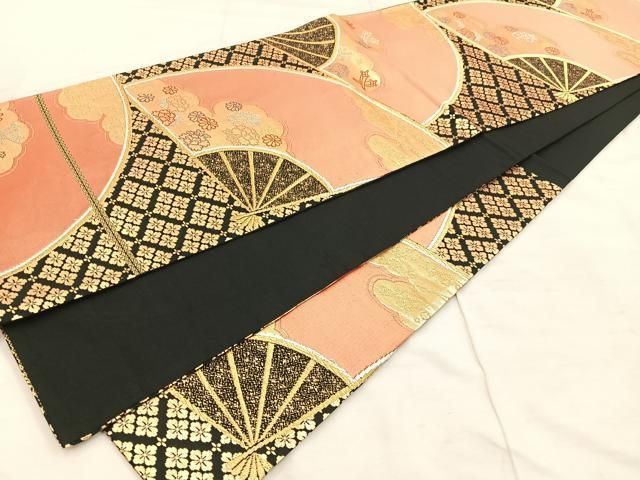 平和屋着物◎六通柄袋帯 唐織 扇面花文 黒地 金糸 正絹 逸品