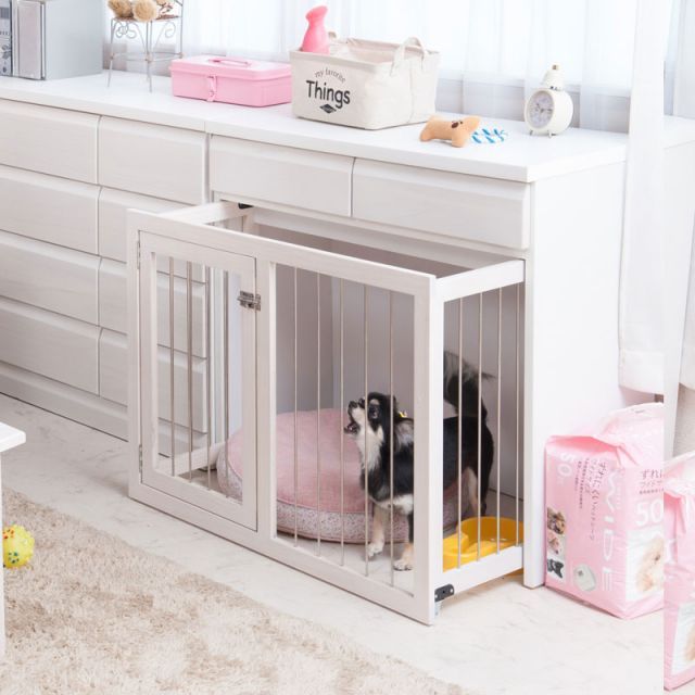 DELUX シリーズ 省スペース収納付きスライド型ケージ 幅90 ホワイトウォッシュ 家具調 ゲージ 屋内 柴犬 チワワ