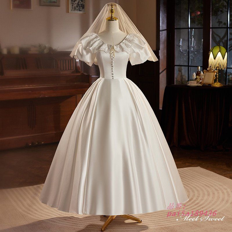 ウェディングドレス ロングドレス プリンセスドレス Aラインドレス 半袖 パフスリーブ 結婚式 サテン ウエディングドレス 二次会 前撮り 花嫁 ブライダル pai5a189436
