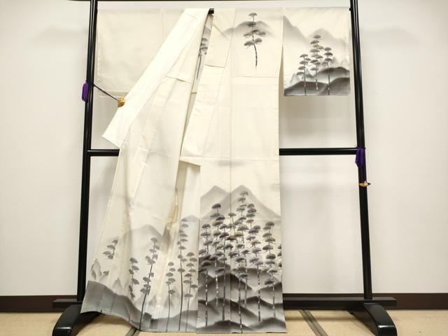 平和屋本店■極上　夏物　訪問着　本場大島紬　夏大島　墨手描風景　松風　鳥の子色地　藤絹織物謹製　証紙付き　逸品　未使用　CYAA3637s5 平和屋本店□極上 夏物 訪問着 本場大島紬 夏大島 墨手描風景