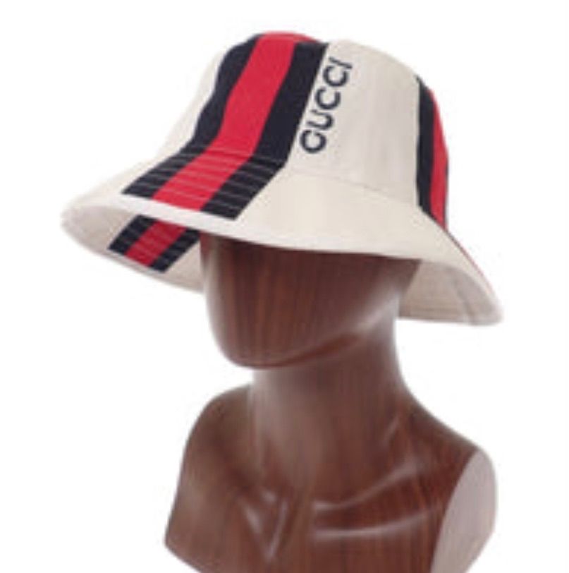 Aランク グッチ GUCCI ウェブストライプ バケット 788561 ハット コットン ホワイト ネイビー レッド レディース ユニセックス 衣類