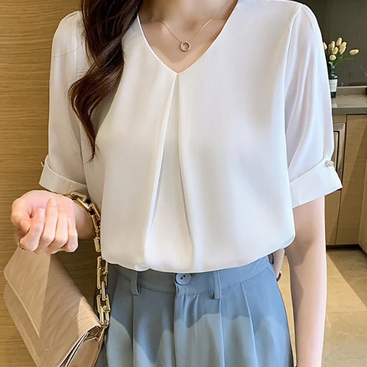 オフィス tシャツ レディース シャツ 半袖 シフォン トップス v