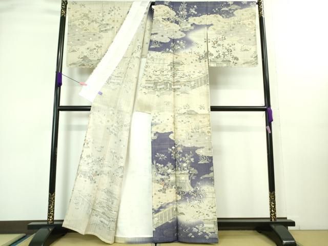 平和屋本店▽極上　染織の名門　しょうざん  生紬　訪問着　単衣　渡橋風景花文　暈し染め　逸品　未使用　DZAA3148kh5 平和屋本店▽極上 染織の名門 しょうざん 生紬 訪問着 単衣 渡橋風景花