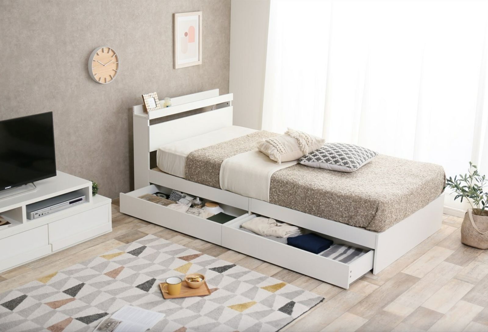 ベッド 収納付き ダブルベッド Pluto フレームのみ ベット ホワイト 収納付きダブルベッド(フレームのみ) ベッド 収納付き ダブルベッド