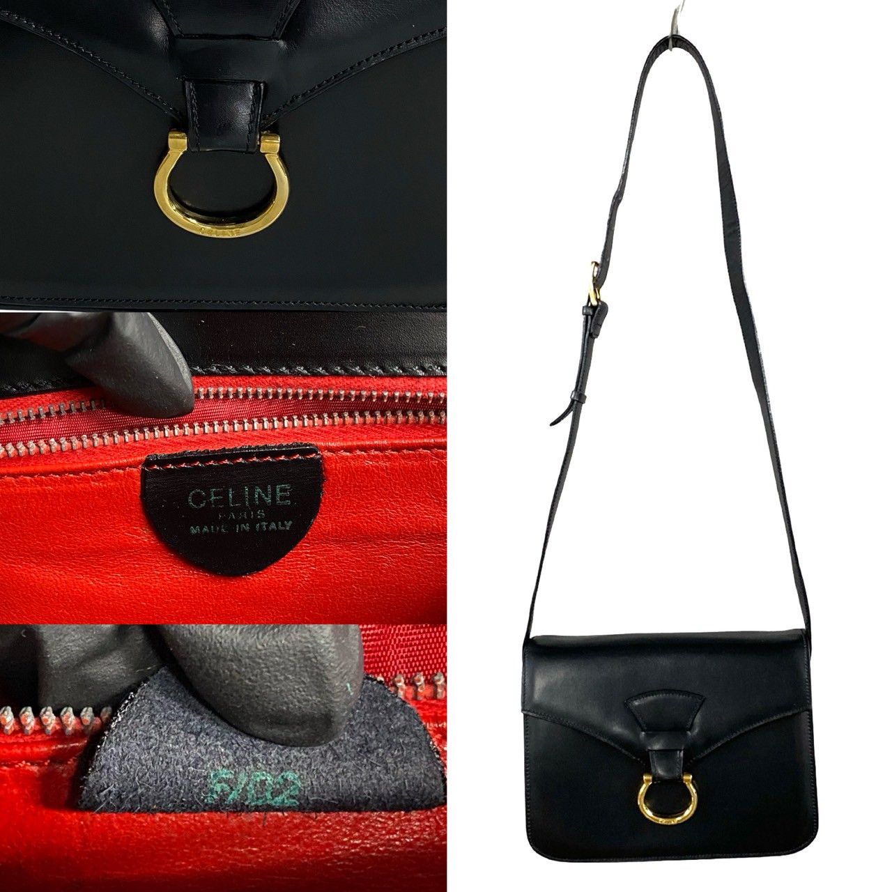 極 美品 保存袋付 CELINE セリーヌ ガンチーニ ロゴ 金具 カーフ