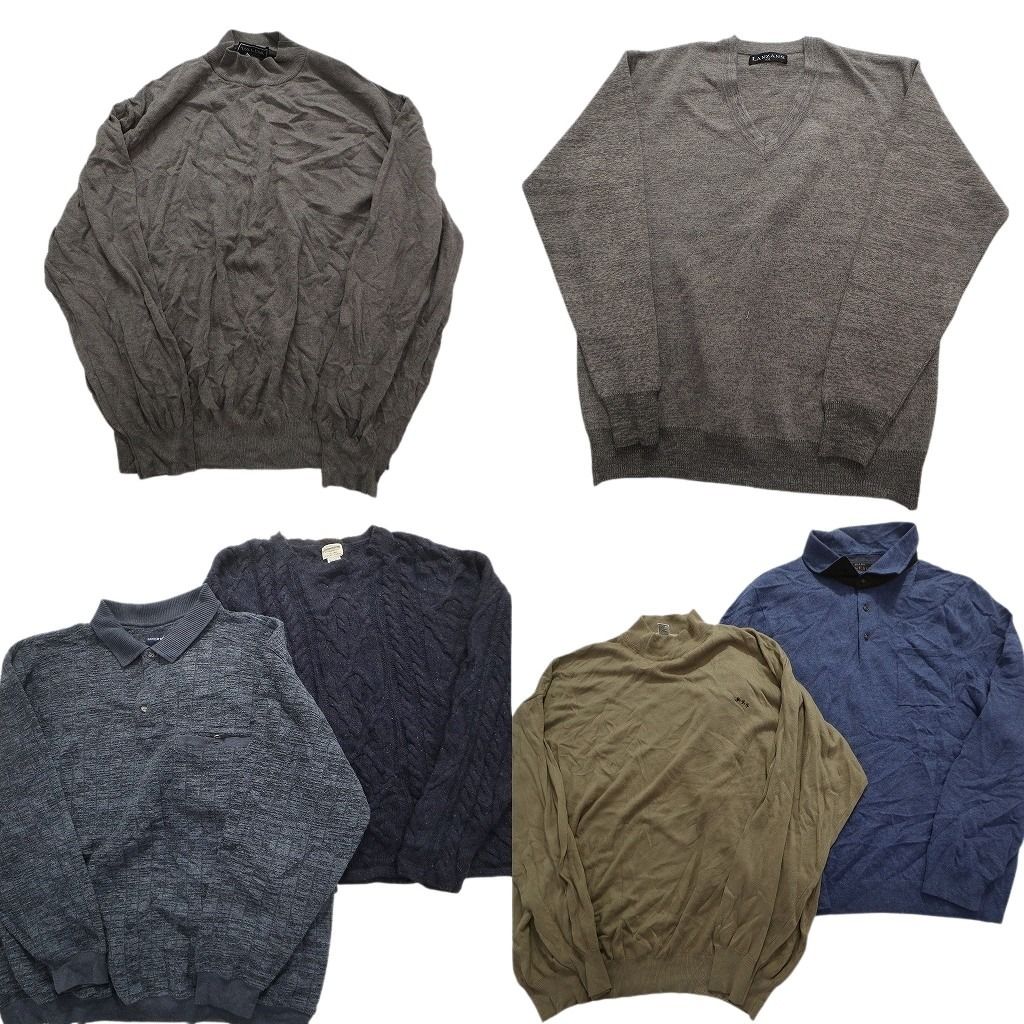 古着卸 まとめ売り 素材MIX 無地系ニット セーター 6枚セット (メンズ 2XL ) ハーフボタン ハーフネック ケーブル編み Vネック MW6893