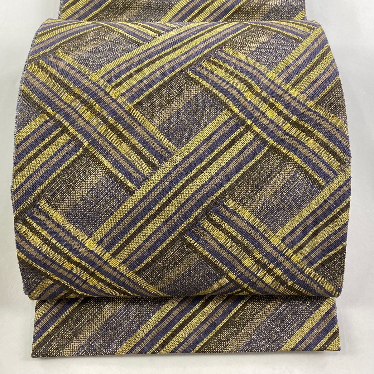 袋帯 名品 斜縞 幾何学模様 金糸 灰紫 お太鼓柄 正絹