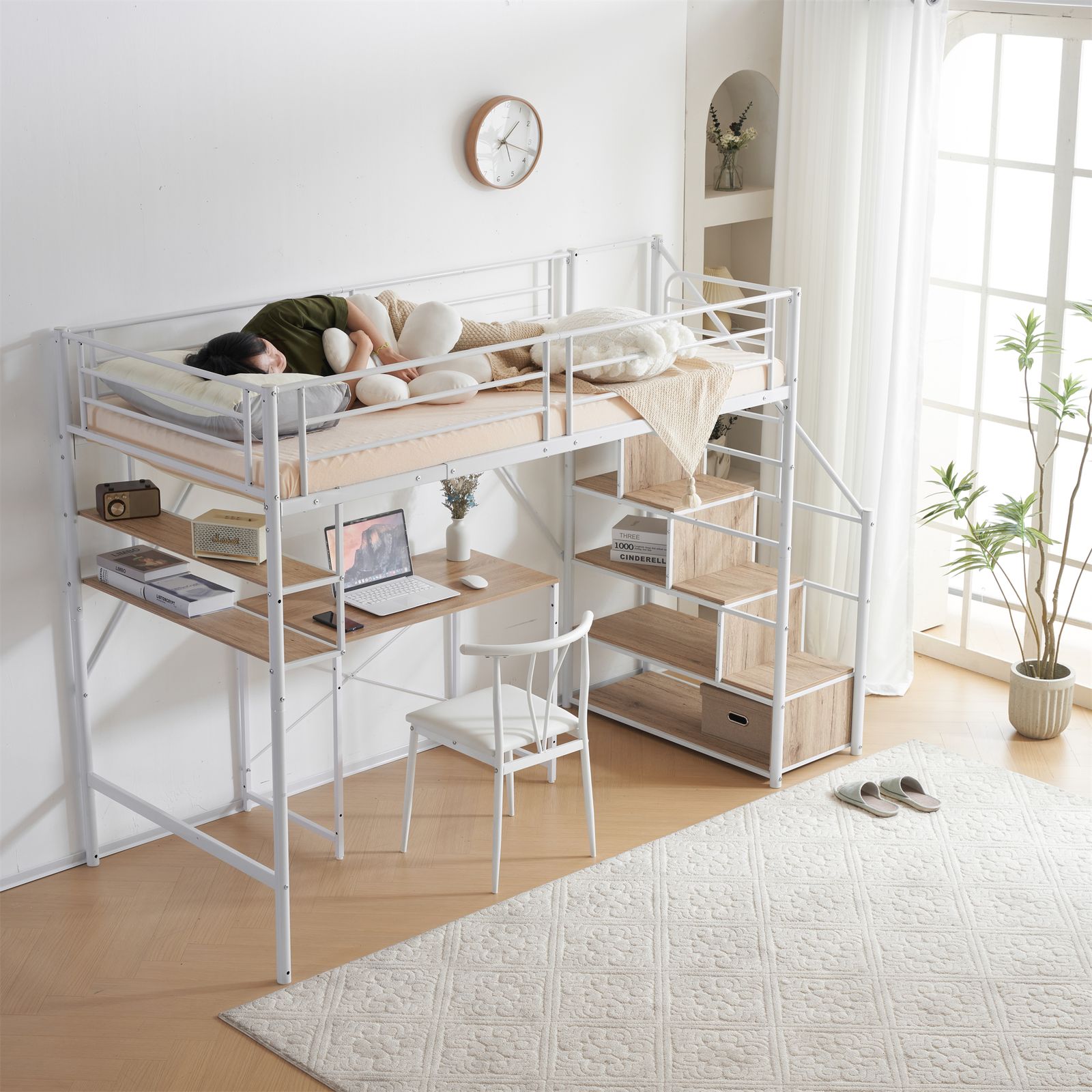 数量限定セール」ホワイトロフトベッド 片側手すり・収納付き シングル