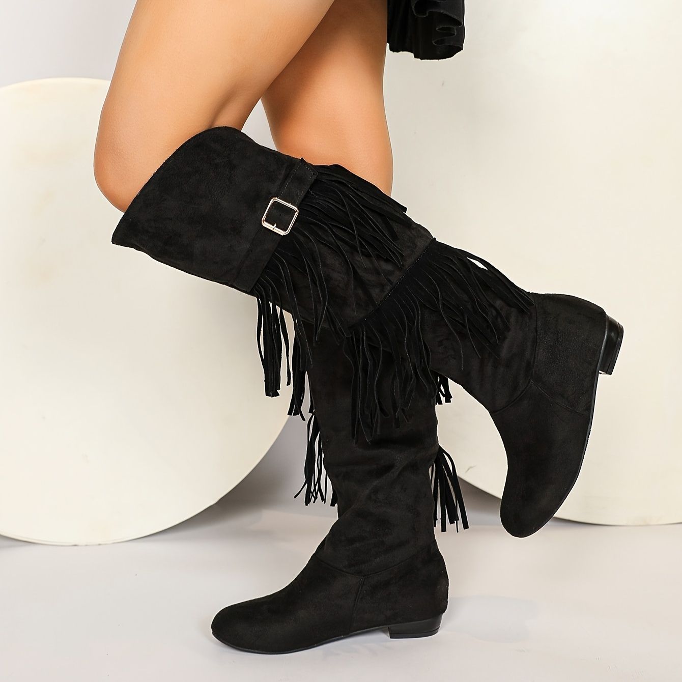 ロングブーツ フリンジブーツ スウェード調 秋冬靴 シューズ ローヒール ウェッジソール 小さいサイズ 大きいサイズ タッセルブーツ レッド ブラック 美脚 脚長 おしゃれ 個性的 10代 20代 30代 海外ファッション KIN-KAAI_COM