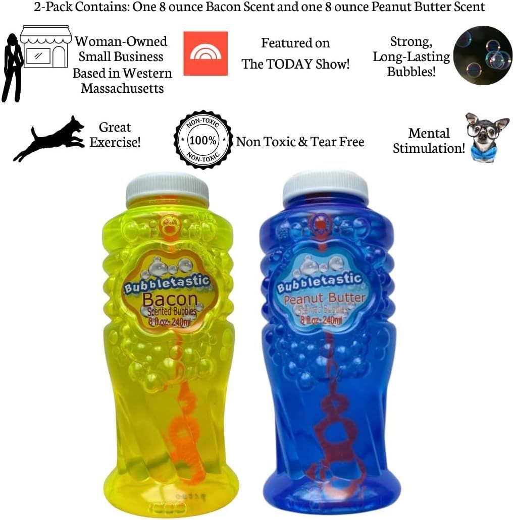  ベーコンとピーナッツバターの香り付きシャボン玉 犬用 - 各8オンスボトル1本! 非毒性 破れにくく 犬と子供に安全 Bubbletastic バブルタスティック シャボン玉液 青 黄色セット その他 犬用品