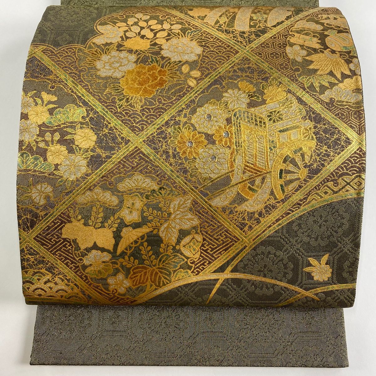 美品　袋帯　正絹　お太鼓柄　金糸　うぐいす　ベージュ　茶　組紐織　縦縞 袋帯 美品 秀品 観世水 縞 金糸 金通し 灰色 お太鼓柄 正絹