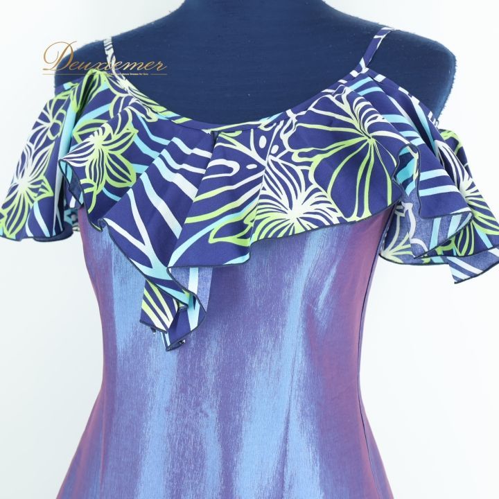 【Mermaid Line】MMJ フラダンス衣装　花葉柄　ブルー系　ドレス　L Mermaid Line】MMJ フラダンス衣装 花葉柄 ブルー系 ドレス L