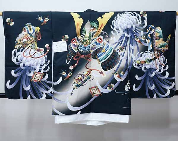 七五三 五歳 男児 羽織 着物 襦袢3点セット L寸 金刺繍 白地 青 兜