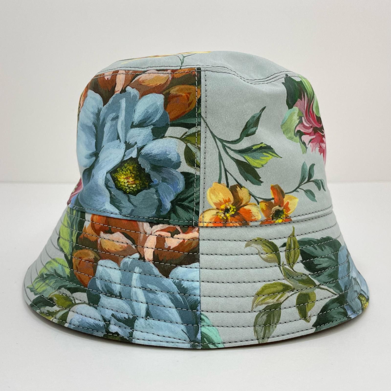 美品　プラダ　バケットハット　花柄　プリント　リボン　裏地シルク混　ゴム付　M 美品 プラダ バケットハット 花柄 プリント リボン 裏地シルク混