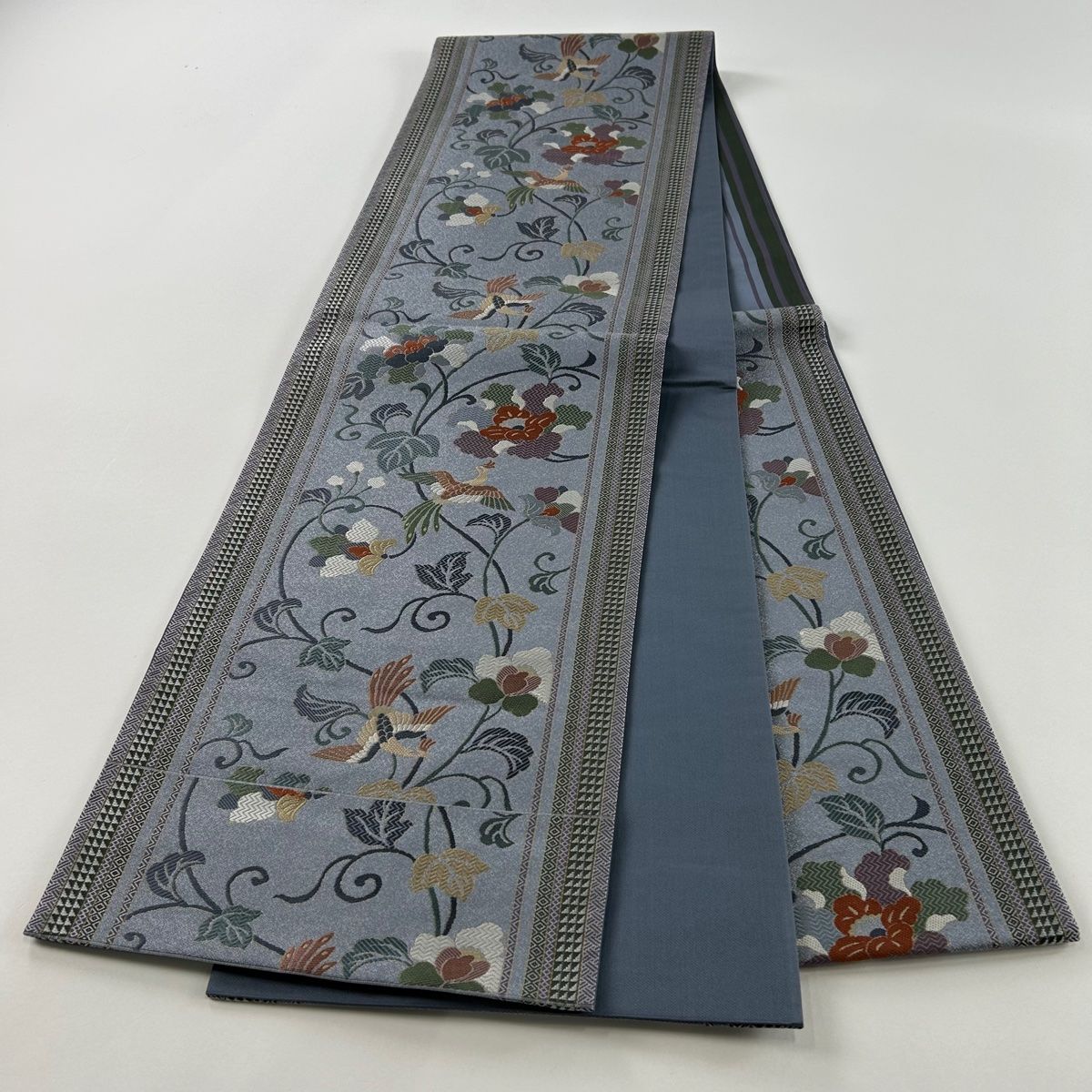 競ナビ】 袋帯 秀品 桜 唐織 金銀糸 青灰色 六通 正絹 【中古】