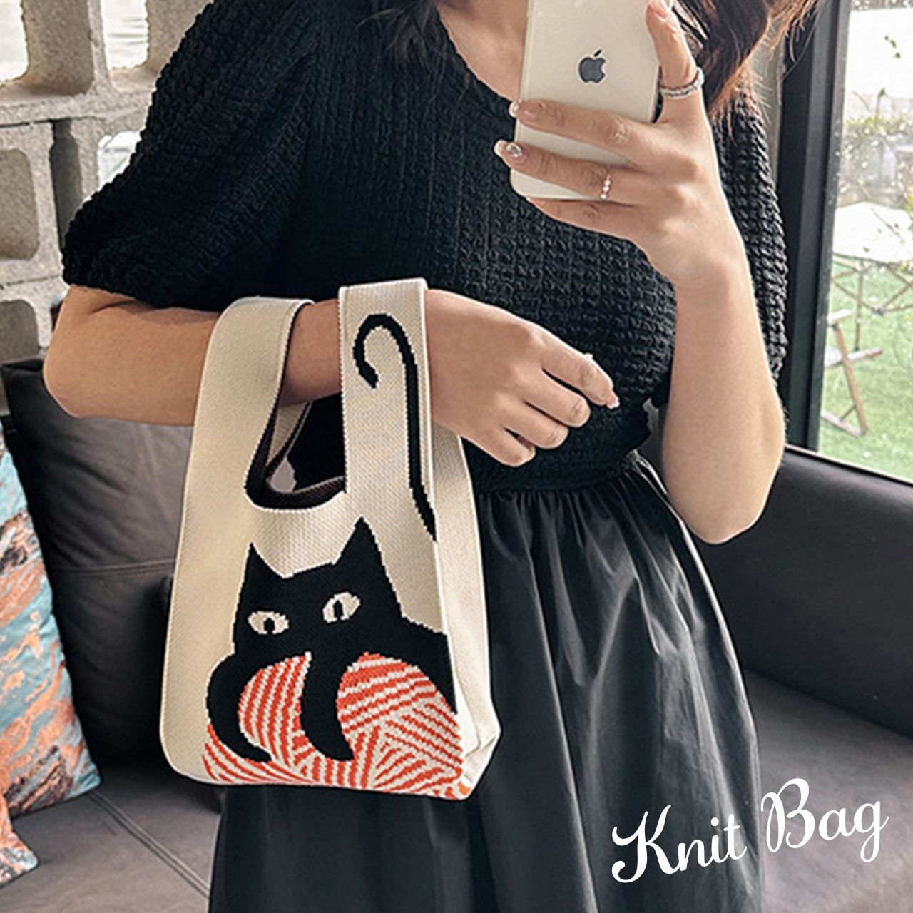 猫柄 ニットバッグ クロシェ編み ミニトート トートバッグ ランチトート かわいい 黒猫 ねこ 猫 バッグ お弁当 ランチボックス 猫グッズ 猫雑貨 猫好き プレゼント ギフト【168】