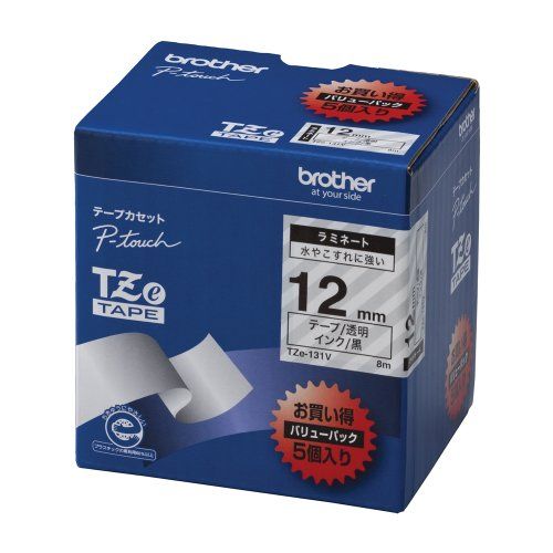 【新品・2営業日で発送】BROTHER ブラザー TZeテープ ピータッチ専用テープ(透明テープ／黒字) 12mm 5個入(TZE-131V)