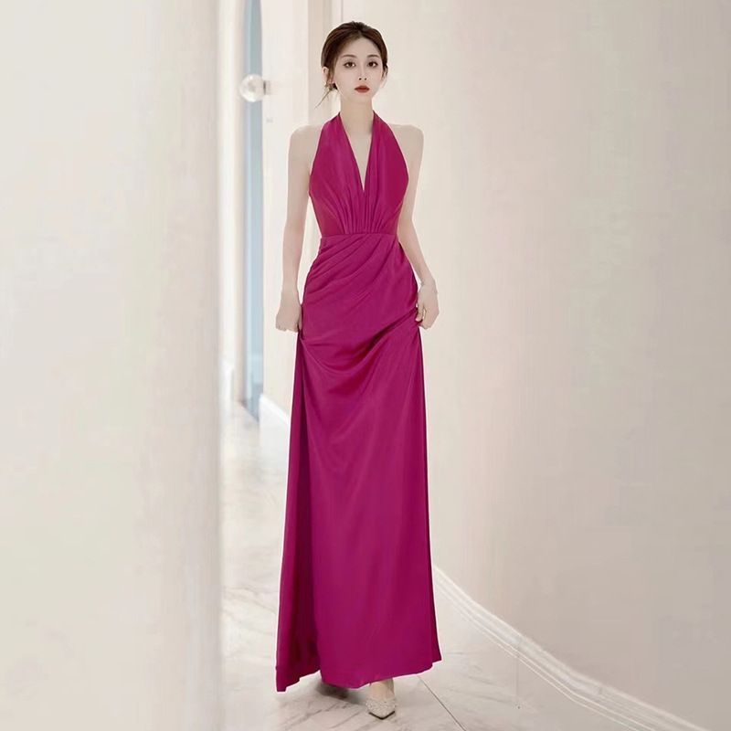 レディース パーティードレス 法式デザイン ハイネック 醋酸 サテン 新婦用 答礼 結婚式 宴会用 露背 ドレス-10.15