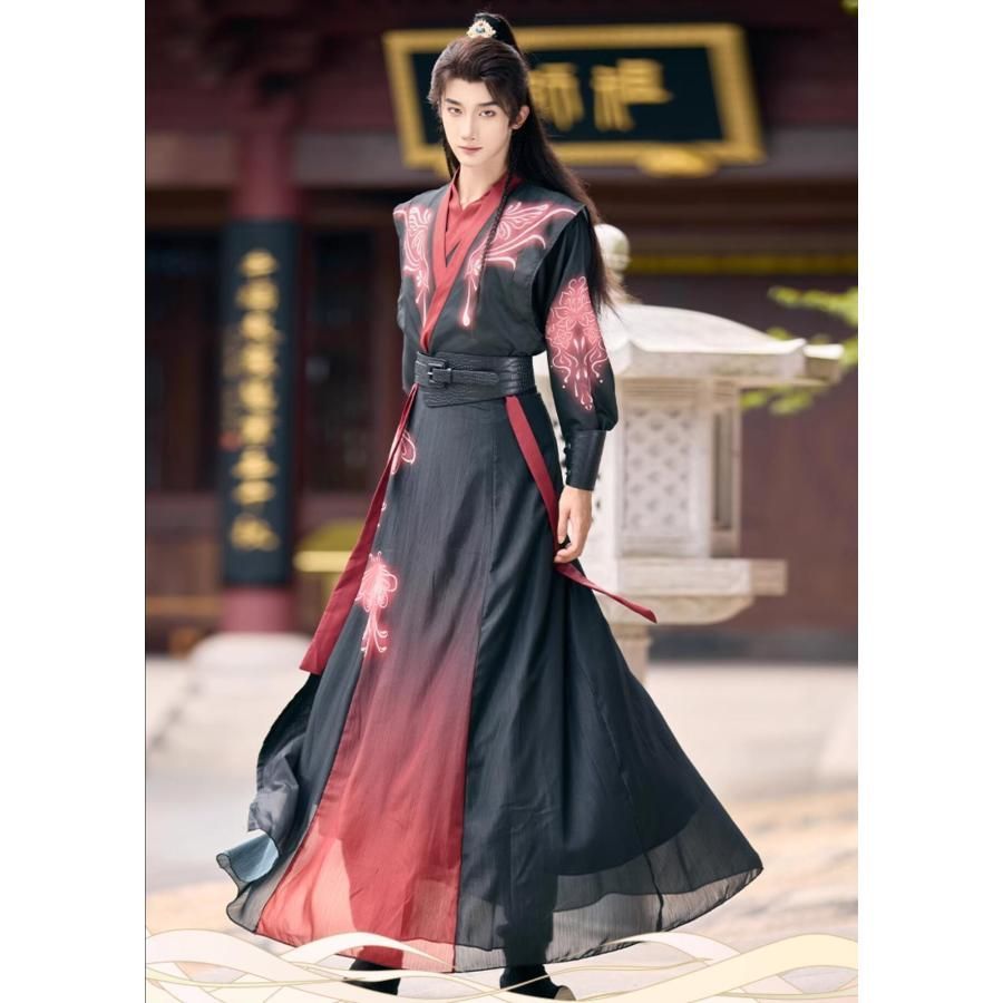 高品質 文化祭 メンズ 漢服 5点セットアップ おしゃれ 暗黒 武侠風 チャイナ服 中国古代服装 男性 大人 ジュニア 蛍光感のプリント 黒に赤 緑 動きやすい BJ1003ML03 ハロウィン
