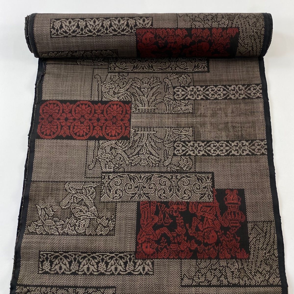 反物 名品 紬 コプト 草花 焦茶色 正絹