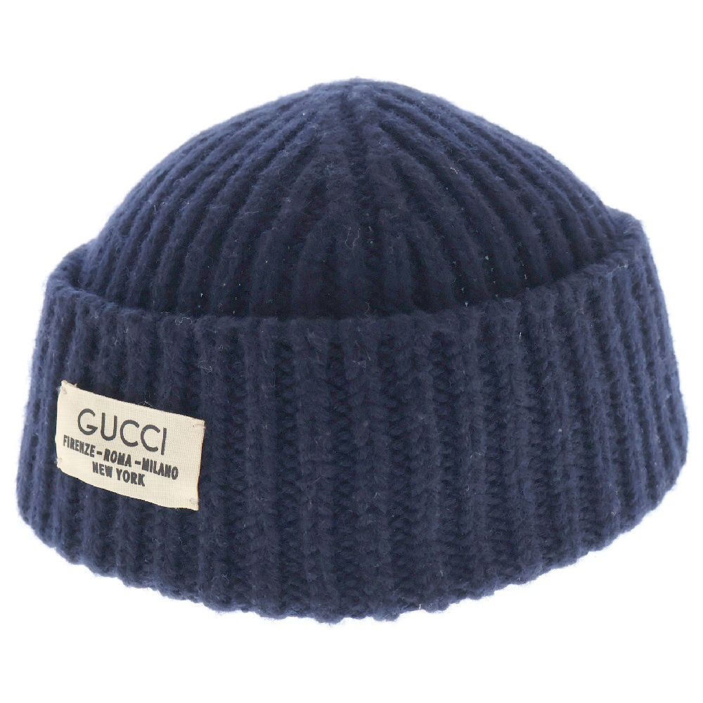 GUCCI (グッチ) ロゴプリントラベル リブ ウールニットキャップ