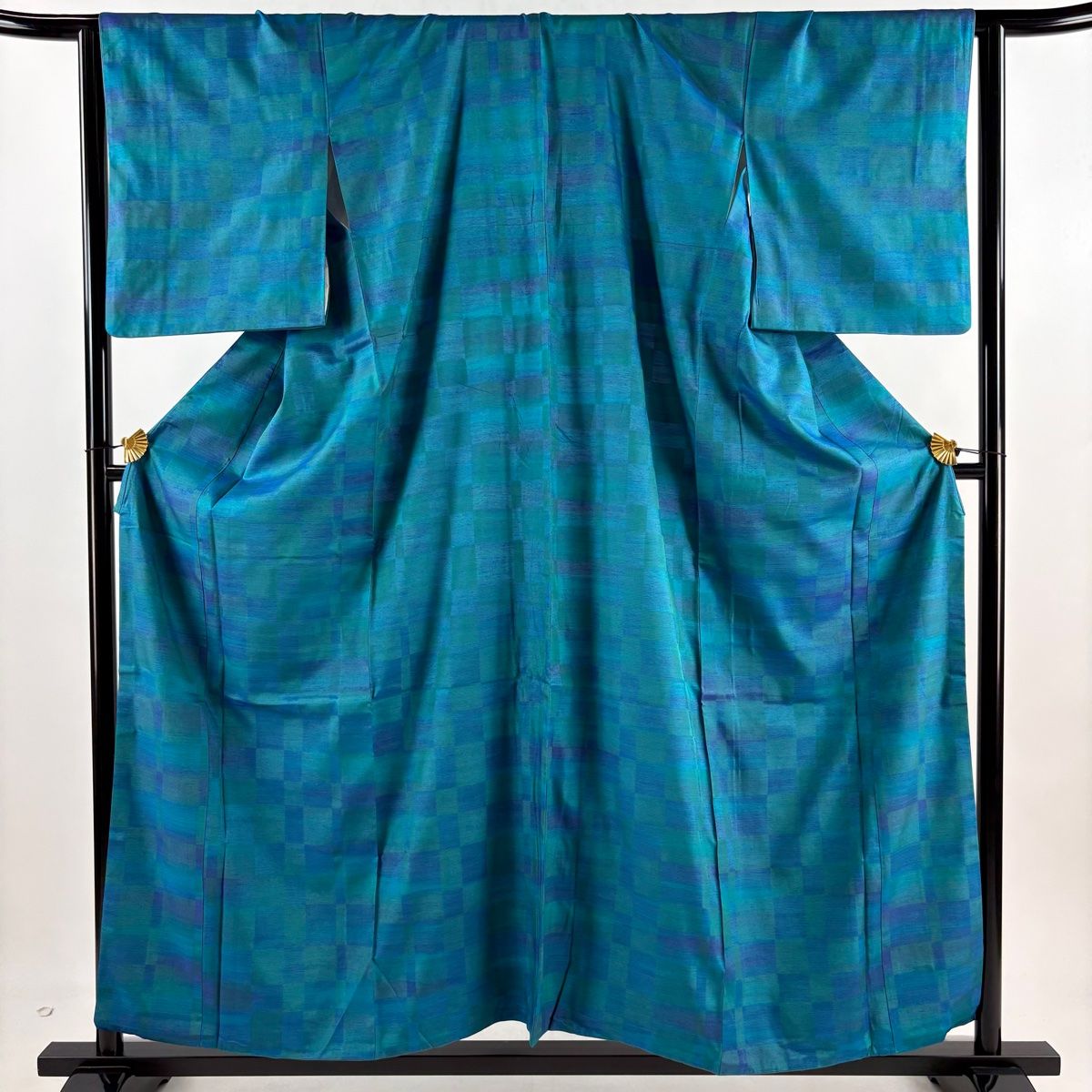 紬 身丈158cm 裄丈64cm M 袷 やまと 変わり市松 青緑 正絹 名品