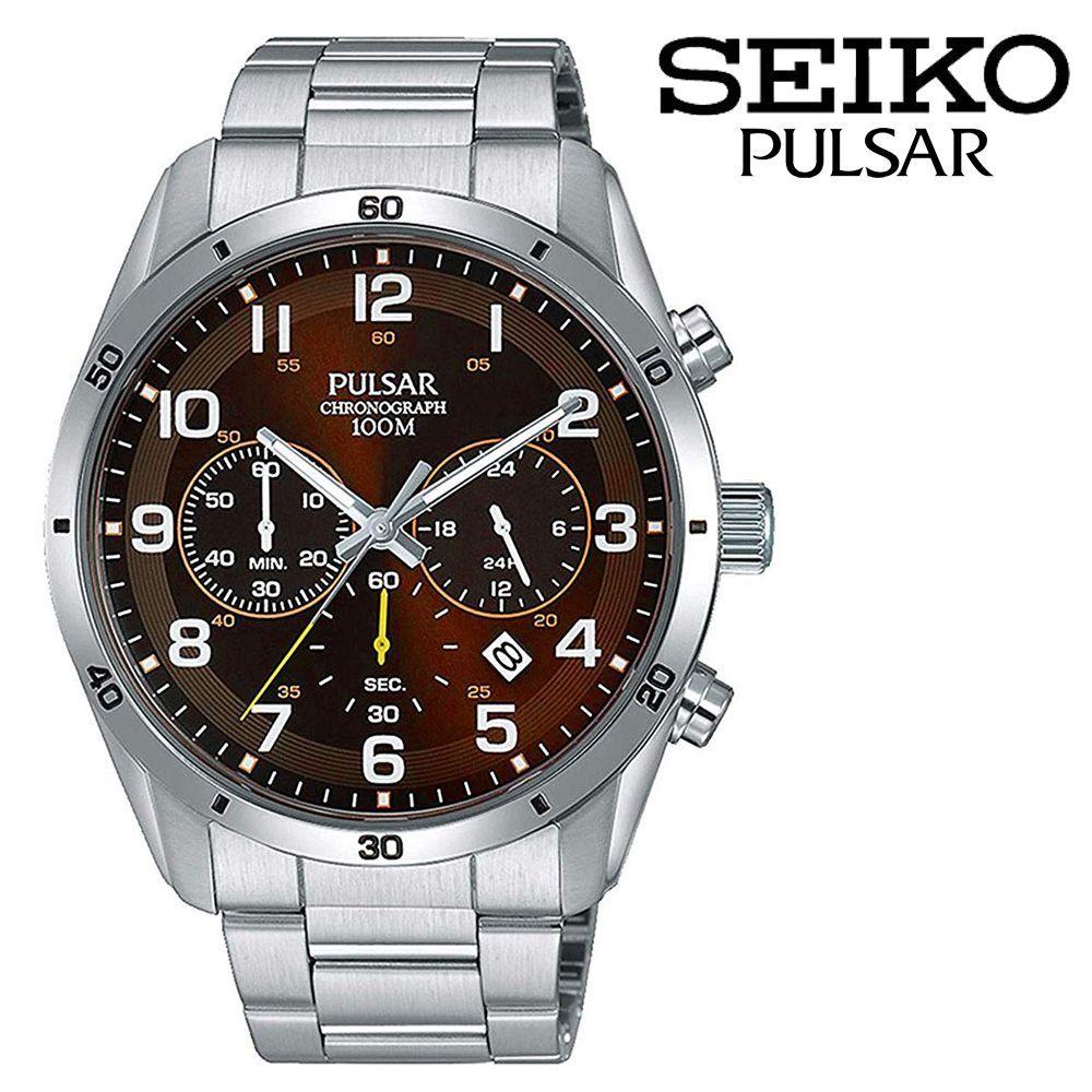 SEIKO PULSAR Chronograph Quartz Brown Silver Watch セイコー