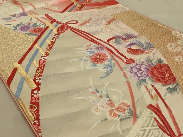 平和屋着物◎六通柄袋帯 唐織 鴛鴦花文 金銀糸 正絹 逸品 未使用