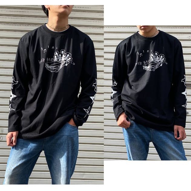 ロングTシャツ 長袖 トップス メンズ 黒 ブラック 袖プリント