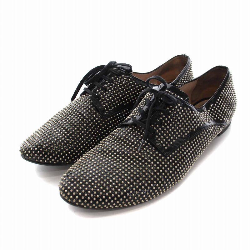 miu miu エナメル黒フラットシューズ MIU MIU ミュウミュウ fume レースアップ レザー Shoes シューズ