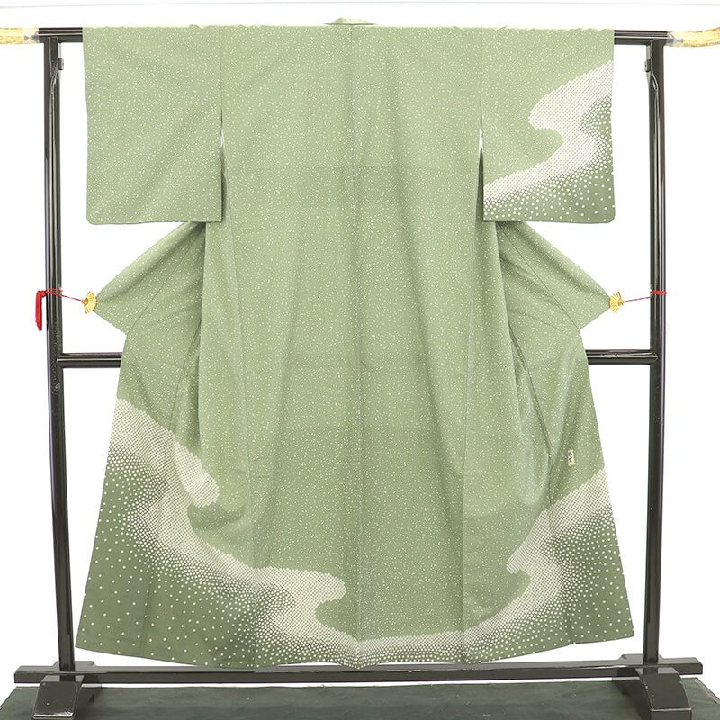 紬付下げ 紬着物 付下げ 付け下げ レディース 正絹 染紬 灰緑 身丈158cm 裄丈64cm 仕立て上がり着物 カジュアル お出掛け パーティ S～Mサイズ相当