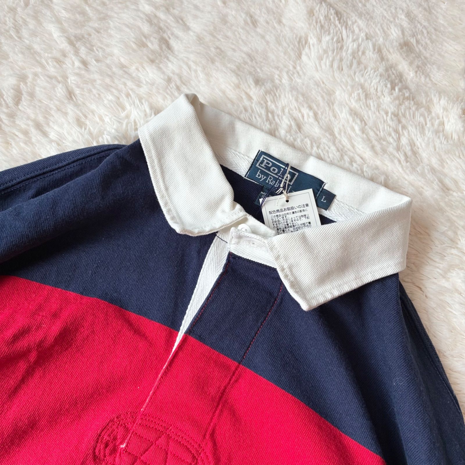 好配色☆90s ポロバイラルフローレン 太ボーダー 刺繍ロゴ ラガーシャツ L 新品タグ付】 未使用 90s Polo Ralph Lauren ポロラルフローレン
