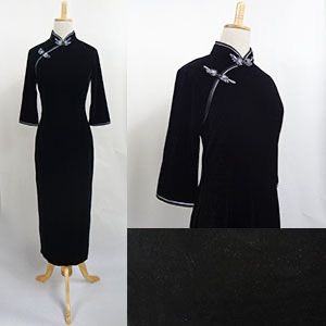 ベルベットチャイナドレス 七分袖 ブラック VEL 01 デニム チャイナドレス 