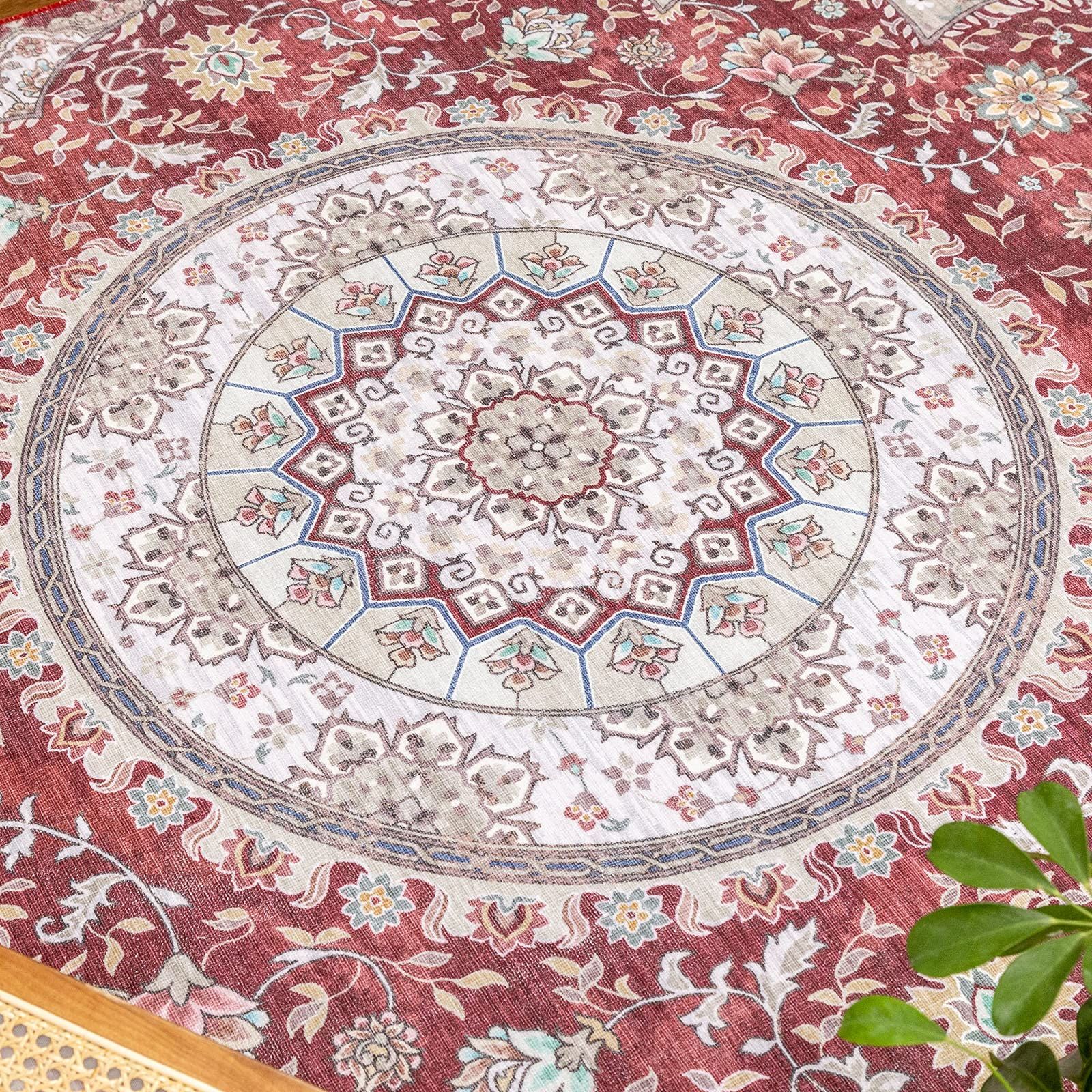 230x330CM マット 洗える ラグ 花柄 オールシーズン ペルシャ絨毯風 滑り止め 6畳 防ダニ 防臭 カーペット 床暖房対応 DECOMALL レッド