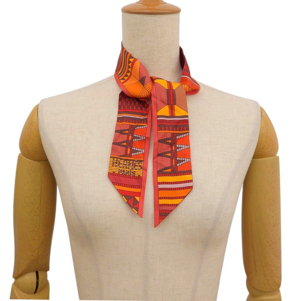 本物保証 超 エルメス HERMES ツイリー 野生とカモフラージュ スカーフ シルク オレンジ レッド